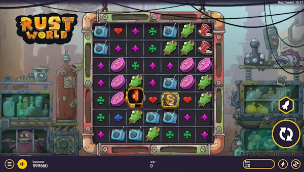 Rust World base game screenshot showing reels and features