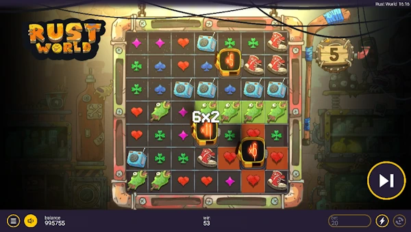 Screenshot of Rust World slot demo showing reels and bonus game features