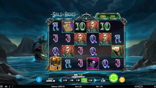 Sails of Riches base game screenshot showing reels and features