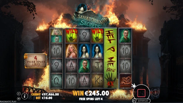 Screenshot of Sanatorium Secrets slot demo showing reels and bonus game features
