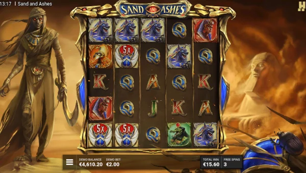 Screenshot of Sand and Ashes slot demo showing reels and bonus game features