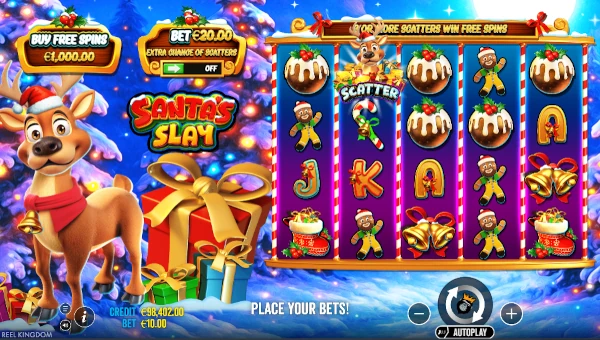 Santas Slay base game screenshot showing reels and features