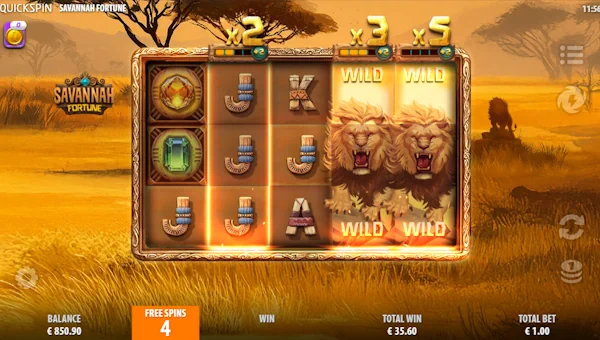 Screenshot of Savannah Fortune slot demo showing reels and bonus game features