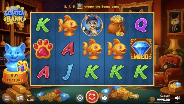Scratch the Bank base game screenshot showing reels and features