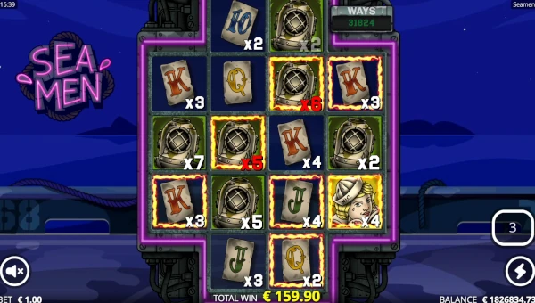 Screenshot of Seamen slot demo showing reels and bonus game features