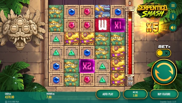 Serpentico Smash base game screenshot showing reels and features