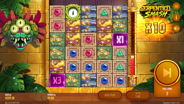 Screenshot of Serpentico Smash slot demo showing reels and bonus game features