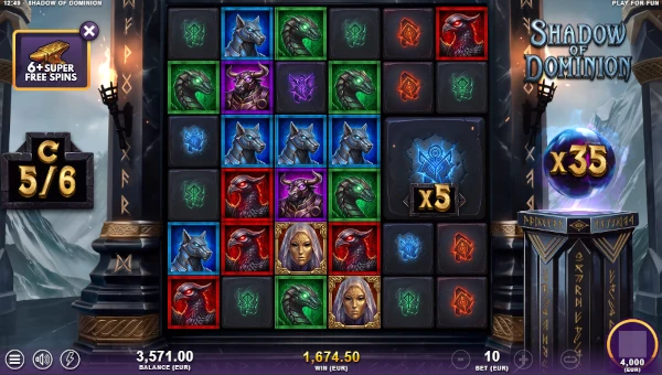 Screenshot of Shadow of Dominion slot demo showing reels and bonus game features
