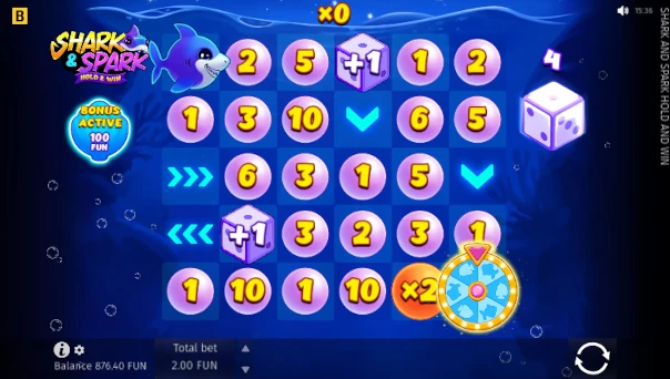 Screenshot of Shark and Spark slot demo showing reels and bonus game features
