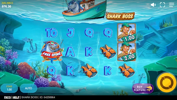 Shark Boss base game screenshot showing reels and features