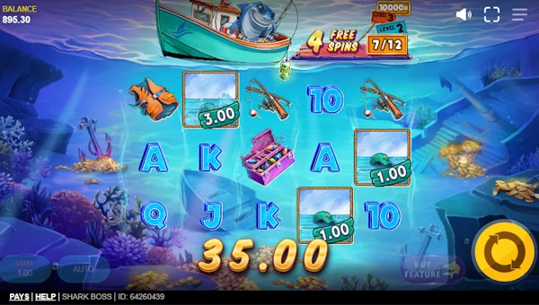 Screenshot of Shark Boss slot demo showing reels and bonus game features