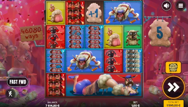 Screenshot of Sheeple slot demo showing reels and bonus game features