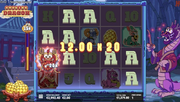 Screenshot of Smoking Dragon slot demo showing reels and bonus game features