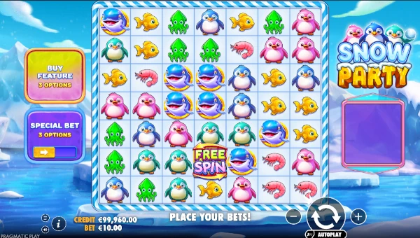 Snow Party base game screenshot showing reels and features