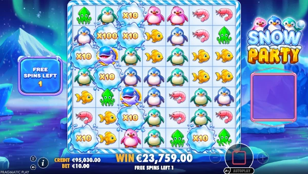 Screenshot of Snow Party slot demo showing reels and bonus game features