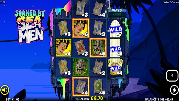 Screenshot of Soaked By Seamen slot demo showing reels and bonus game features