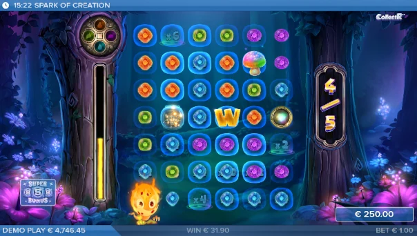 Screenshot of Spark of Creation slot demo showing reels and bonus game features