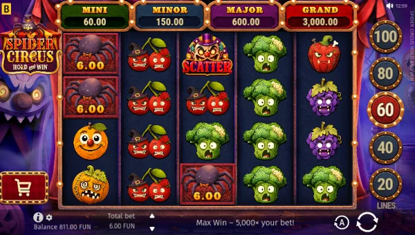 Spider Circus base game screenshot showing reels and features