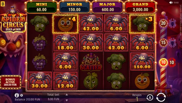 Screenshot of Spider Circus slot demo showing reels and bonus game features
