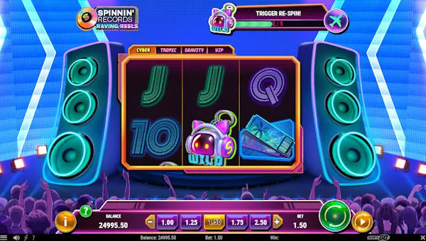 Spinnin Records Raving Reels base game screenshot showing reels and features