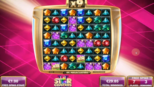 Screenshot of Star Clusters 2 slot demo showing reels and bonus game features