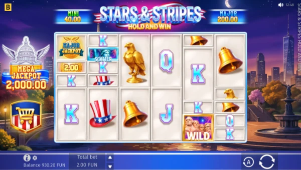 Stars and Stripes Hold and Win base game screenshot showing reels and features