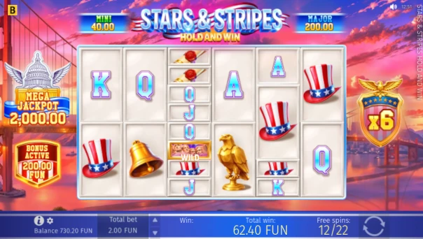 Screenshot of Stars and Stripes Hold and Win slot demo showing reels and bonus game features