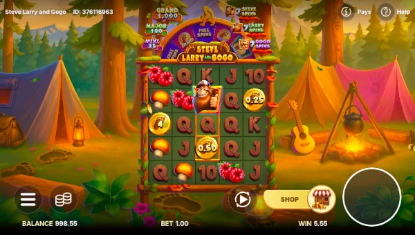 Steve Larry and Gogo base game screenshot showing reels and features