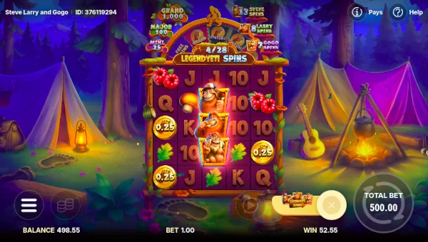 Screenshot of Steve Larry and Gogo slot demo showing reels and bonus game features