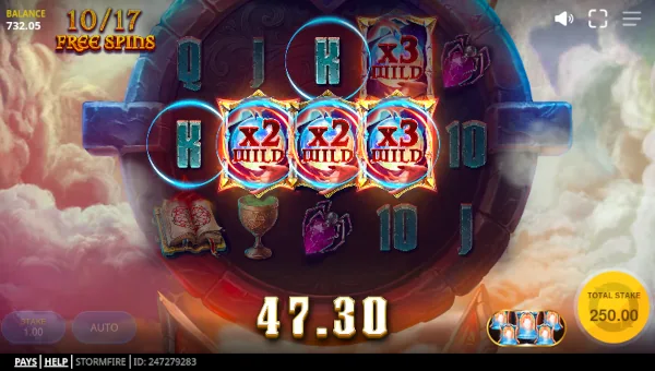 Screenshot of Stormfire slot demo showing reels and bonus game features