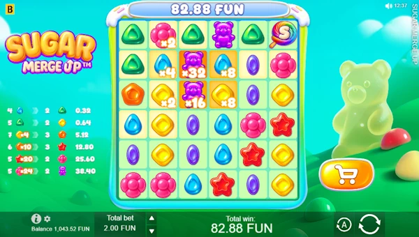 Sugar Merge Up base game screenshot showing reels and features