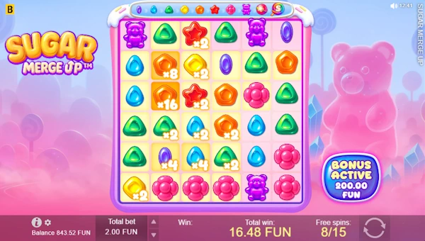 Screenshot of Sugar Merge Up slot demo showing reels and bonus game features