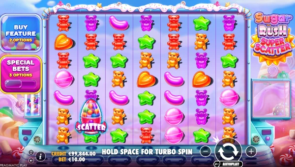 Sugar Rush Super Scatter base game screenshot showing reels and features