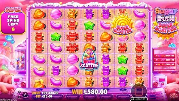 Screenshot of Sugar Rush Super Scatter slot demo showing reels and bonus game features
