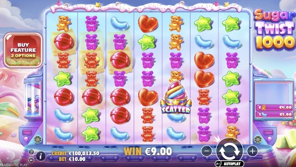 Sugar Twist 1000 base game screenshot showing reels and features