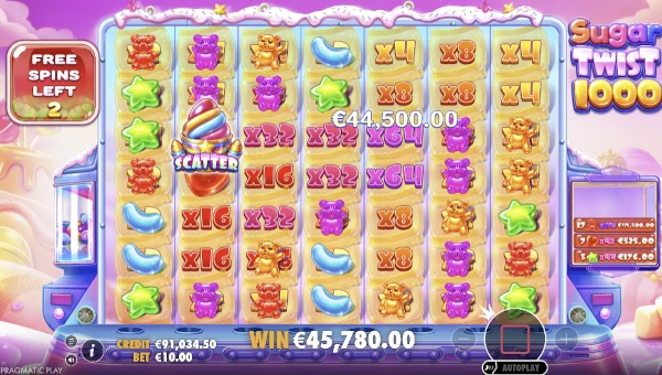 Screenshot of Sugar Twist 1000 slot demo showing reels and bonus game features