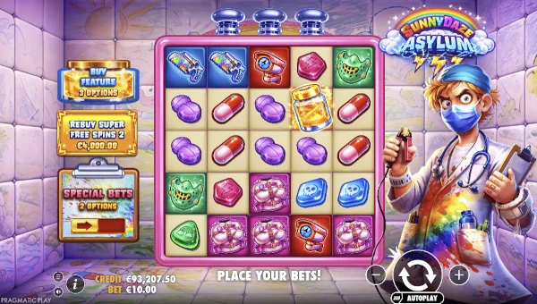 Sunnydaze Asylum base game screenshot showing reels and features