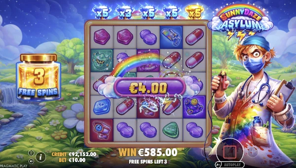 Screenshot of Sunnydaze Asylum slot demo showing reels and bonus game features