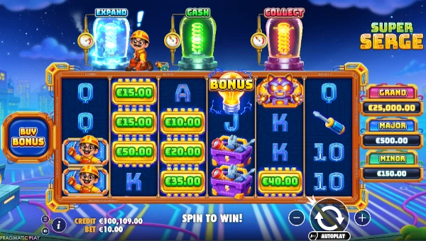 Super Serge base game screenshot showing reels and features