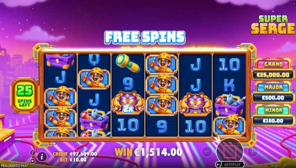 Screenshot of Super Serge slot demo showing reels and bonus game features