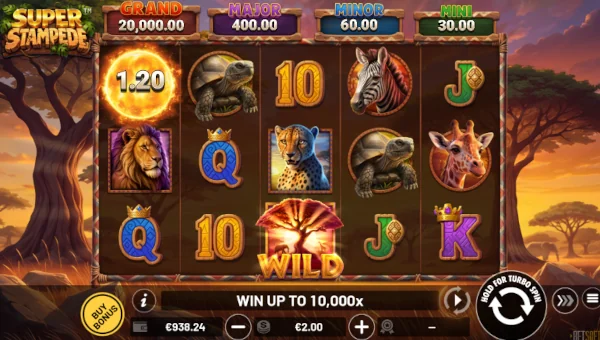 Super Stampede base game screenshot showing reels and features