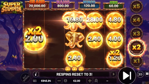 Screenshot of Super Stampede slot demo showing reels and bonus game features