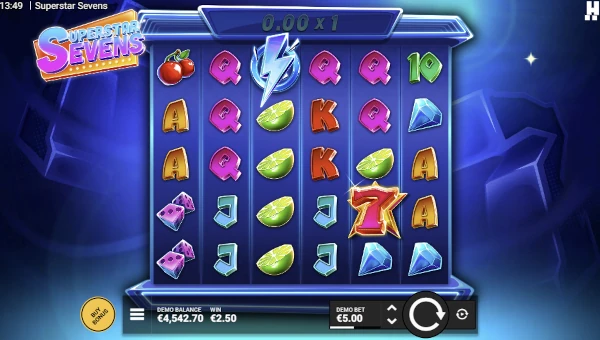 Superstar Sevens base game screenshot showing reels and features