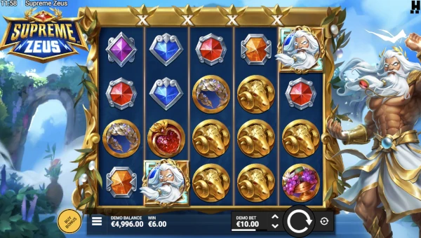 Supreme Zeus base game screenshot showing reels and features