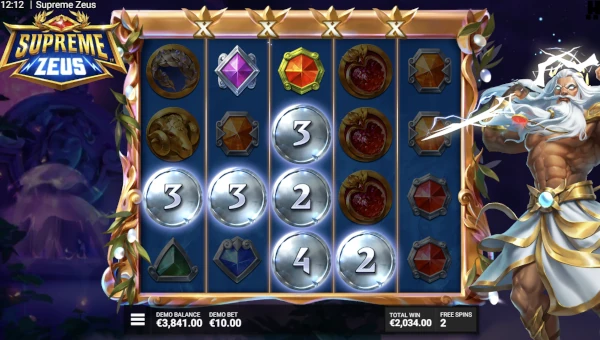 Screenshot of Supreme Zeus slot demo showing reels and bonus game features
