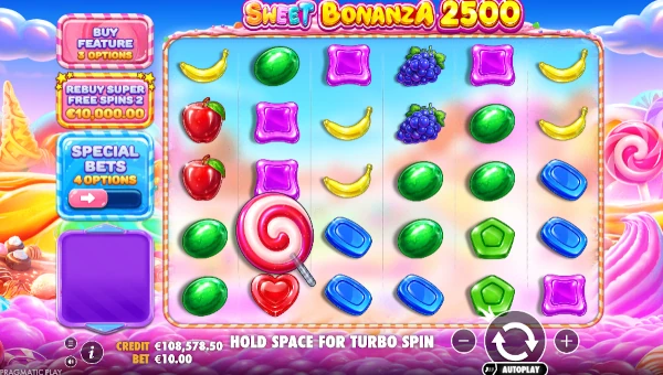 Sweet Bonanza 2500 base game screenshot showing reels and features