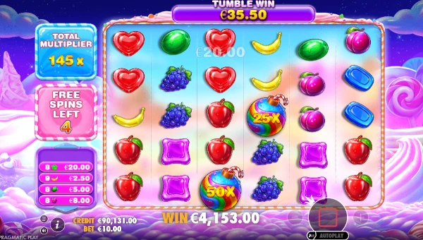 Screenshot of Sweet Bonanza 2500 slot demo showing reels and bonus game features
