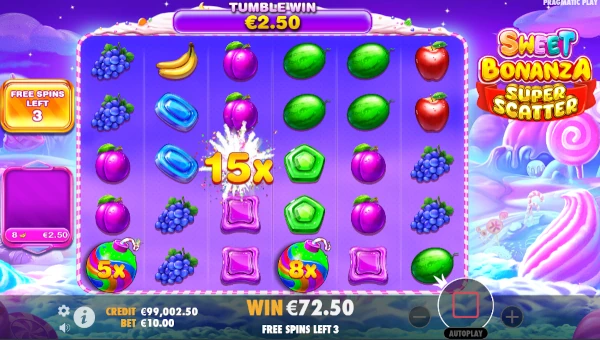 Screenshot of Sweet Bonanza Super Scatter slot demo showing reels and bonus game features