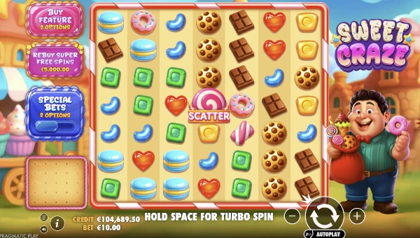 Sweet Craze base game screenshot showing reels and features
