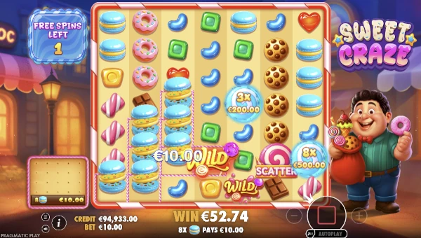 Screenshot of Sweet Craze slot demo showing reels and bonus game features